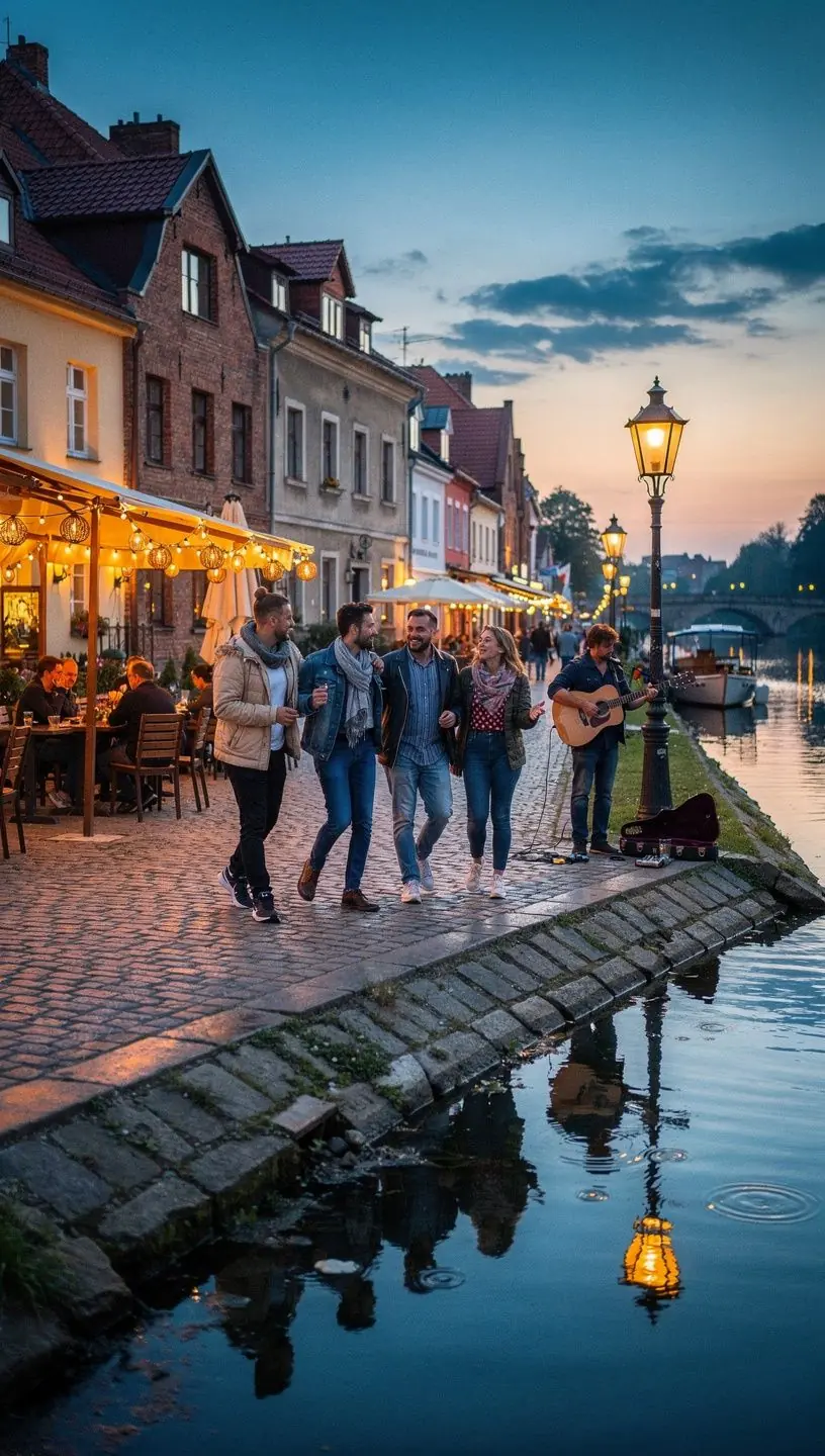 Zrelaksowany turysta spacerujący po cichym, historycznym miasteczku.